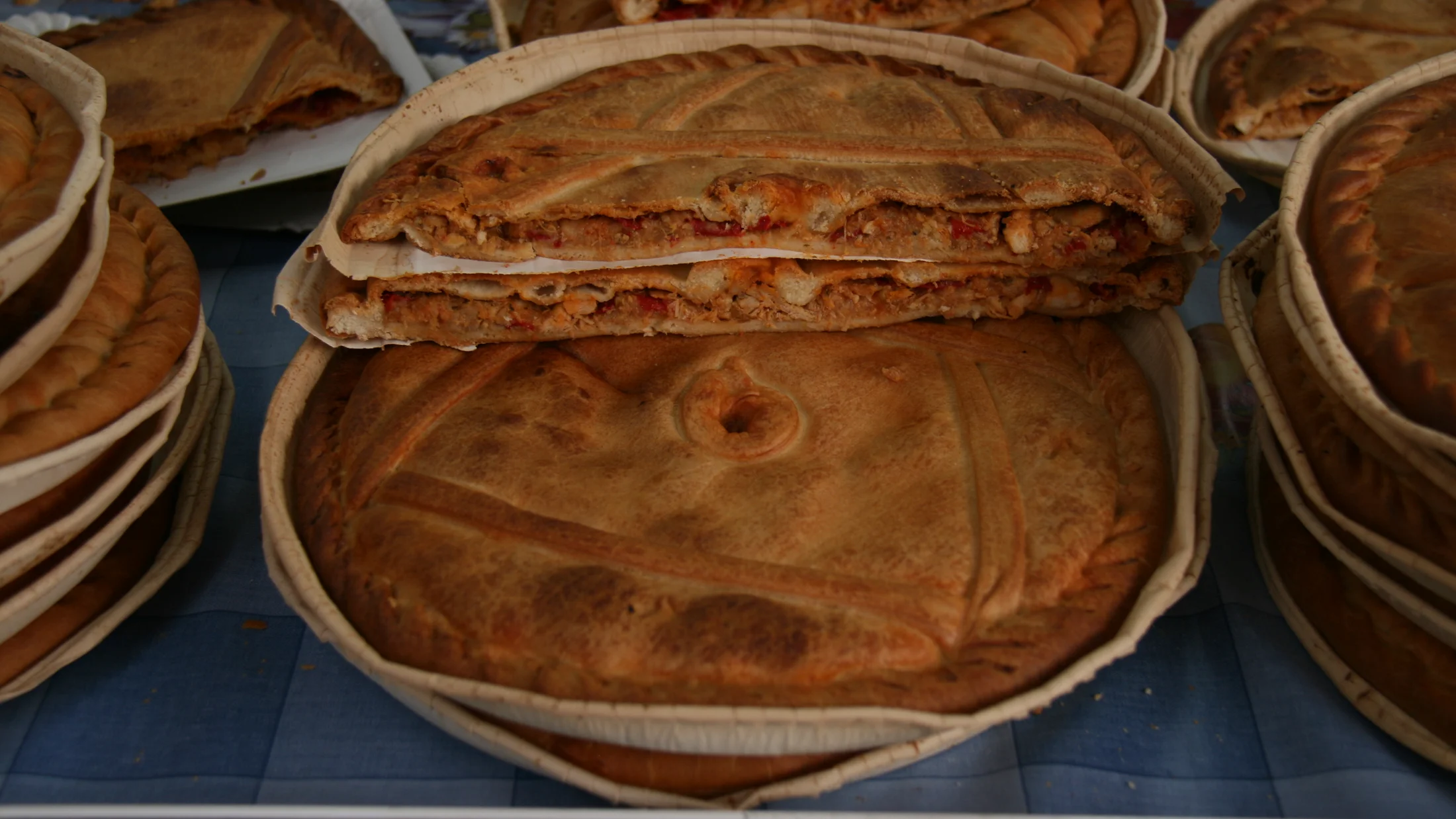 Galician empanada on a town table.